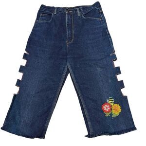 Upcycled Hand Altered High Rise Capris Jean Shorts Side Cutouts Flower Patch